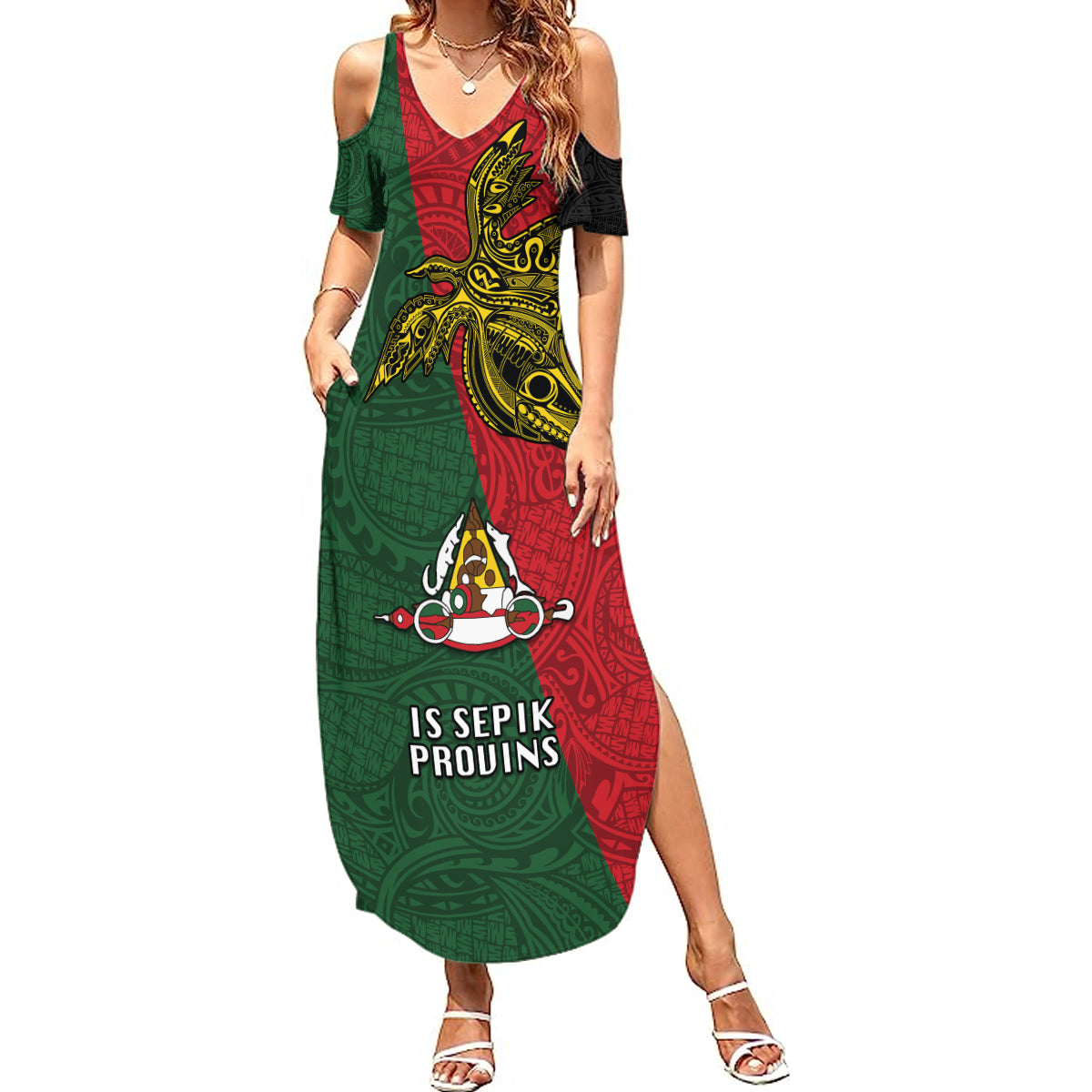 Custom Papua New Guinea East Sepik Province Summer Maxi Dress PNG Birds Of Paradise Polynesian Arty Style LT03 Women Green - Polynesian Pride