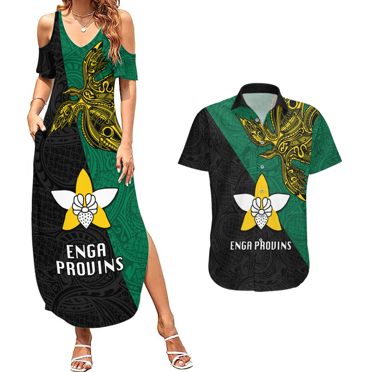 Papua New Guinea Enga Province Couples Matching Summer Maxi Dress and Hawaiian Shirt PNG Birds Of Paradise Polynesian Arty Style LT03 Green - Polynesian Pride