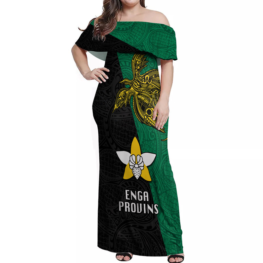 Papua New Guinea Enga Province Off Shoulder Maxi Dress PNG Birds Of Paradise Polynesian Arty Style LT03 Women Green - Polynesian Pride