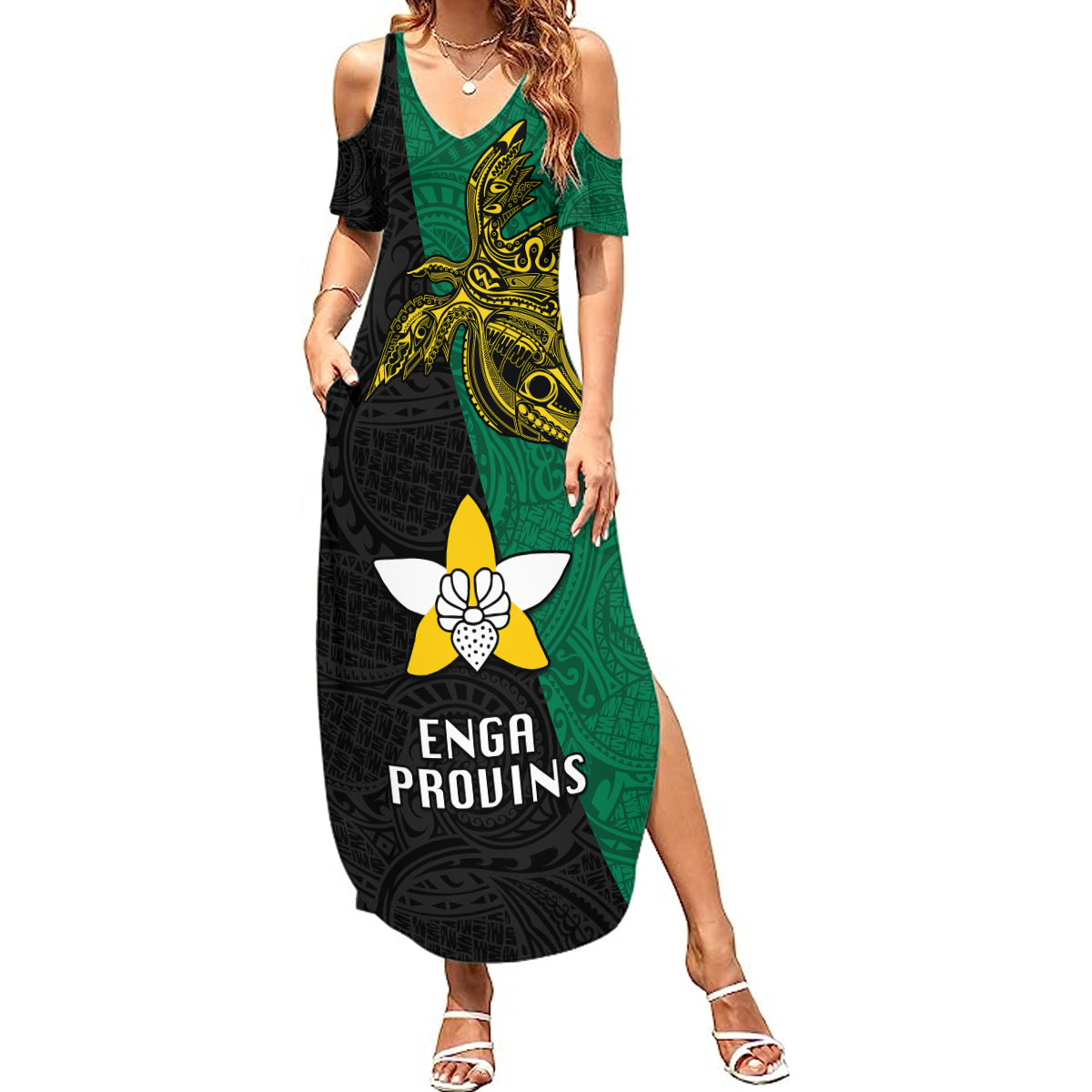 Papua New Guinea Enga Province Summer Maxi Dress PNG Birds Of Paradise Polynesian Arty Style LT03 Women Green - Polynesian Pride