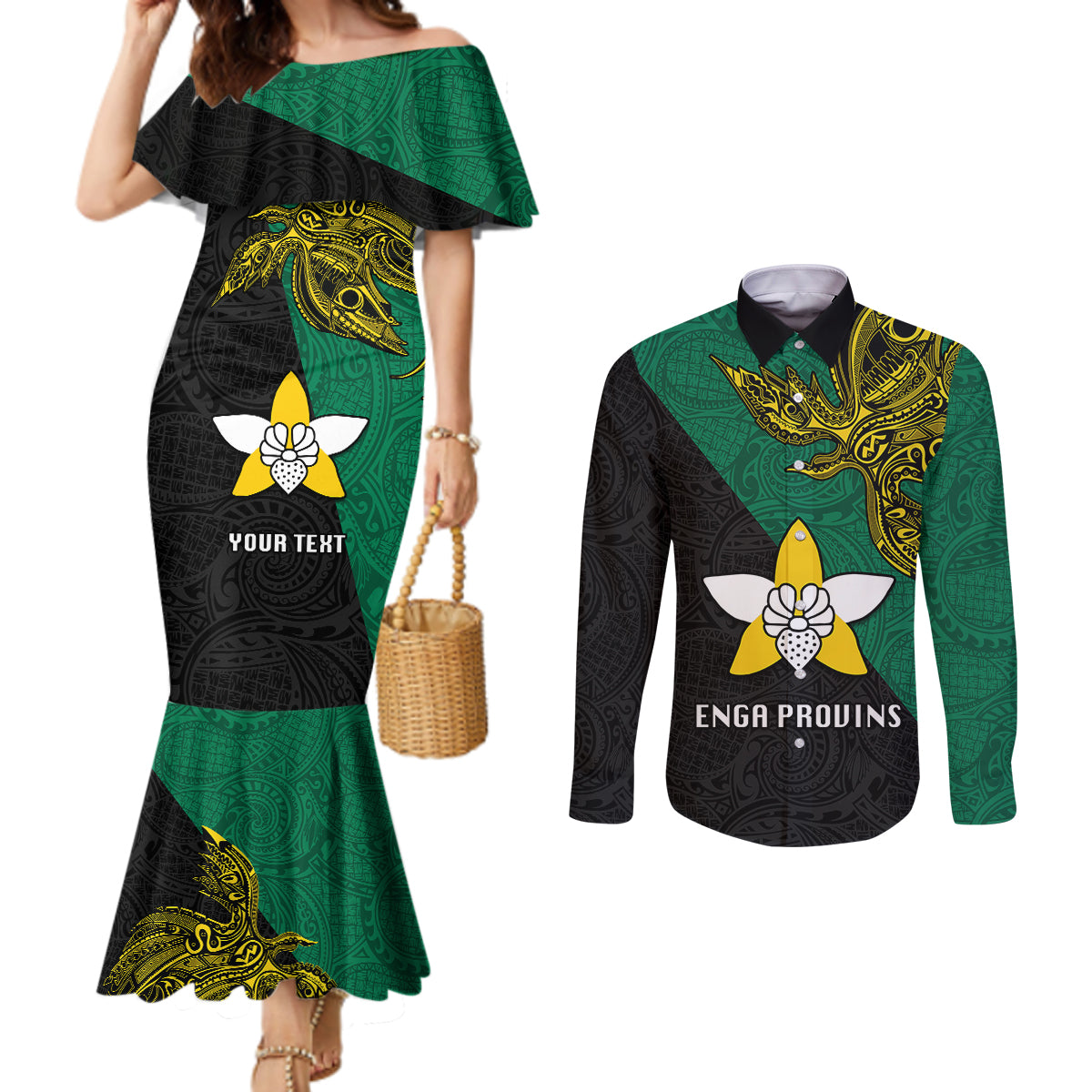 Custom Papua New Guinea Enga Province Couples Matching Mermaid Dress and Long Sleeve Button Shirts PNG Birds Of Paradise Polynesian Arty Style LT03 Green - Polynesian Pride