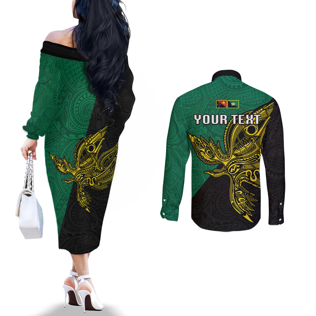 Custom Papua New Guinea Enga Province Couples Matching Off The Shoulder Long Sleeve Dress and Long Sleeve Button Shirts PNG Birds Of Paradise Polynesian Arty Style LT03 - Polynesian Pride