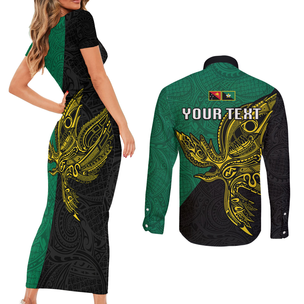 Custom Papua New Guinea Enga Province Couples Matching Short Sleeve Bodycon Dress and Long Sleeve Button Shirts PNG Birds Of Paradise Polynesian Arty Style LT03 - Polynesian Pride