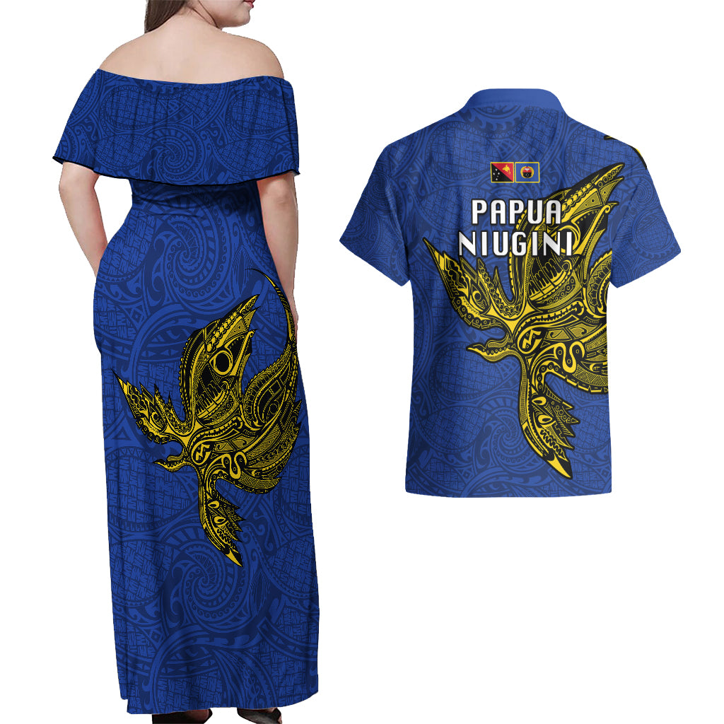 Papua New Guinea Gulf Province Couples Matching Off Shoulder Maxi Dress and Hawaiian Shirt PNG Birds Of Paradise Polynesian Arty Style LT03 - Polynesian Pride