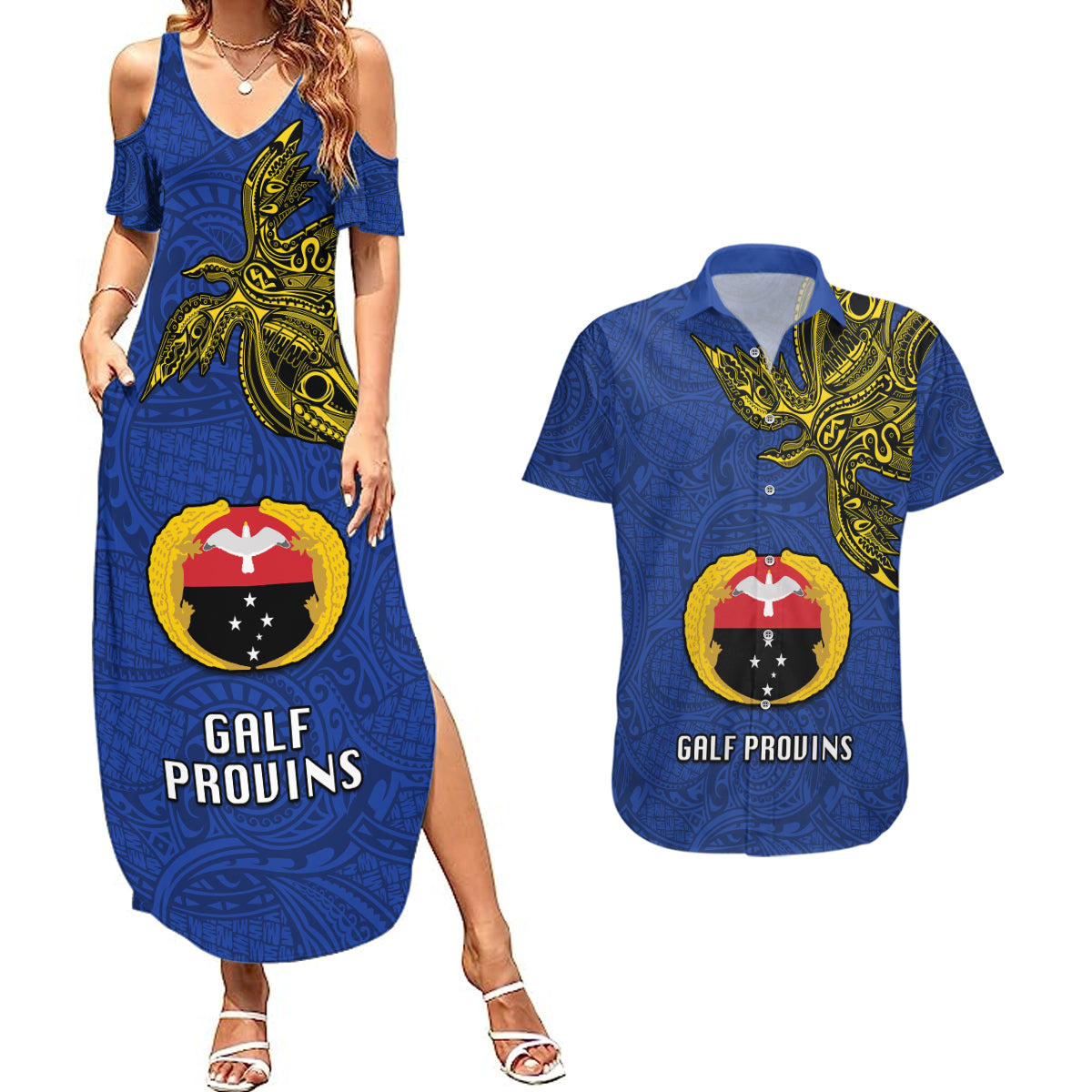 Papua New Guinea Gulf Province Couples Matching Summer Maxi Dress and Hawaiian Shirt PNG Birds Of Paradise Polynesian Arty Style LT03 Blue - Polynesian Pride