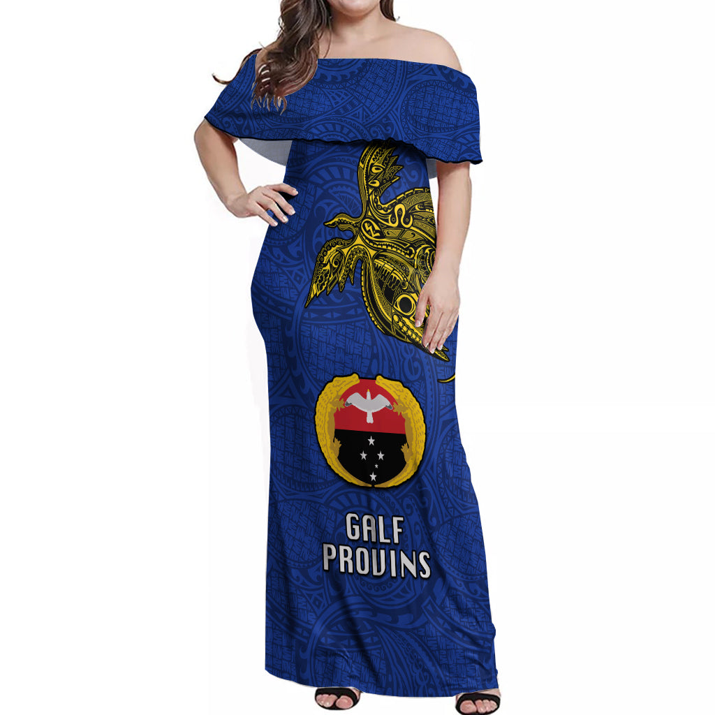 Papua New Guinea Gulf Province Off Shoulder Maxi Dress PNG Birds Of Paradise Polynesian Arty Style LT03 Women Blue - Polynesian Pride