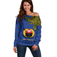 Papua New Guinea Gulf Province Off Shoulder Sweater PNG Birds Of Paradise Polynesian Arty Style LT03 Women Blue - Polynesian Pride
