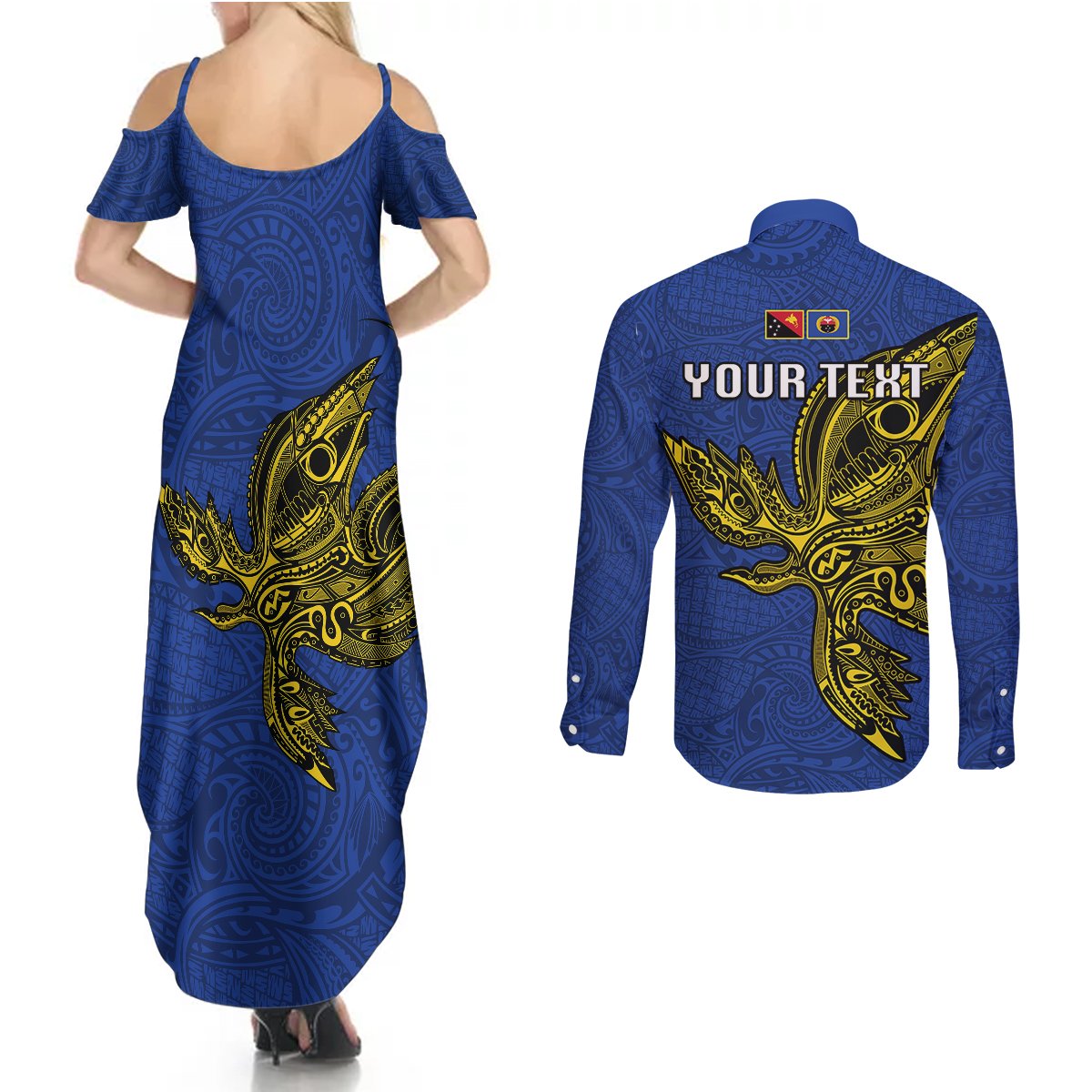 Custom Papua New Guinea Gulf Province Couples Matching Summer Maxi Dress and Long Sleeve Button Shirts PNG Birds Of Paradise Polynesian Arty Style LT03 - Polynesian Pride