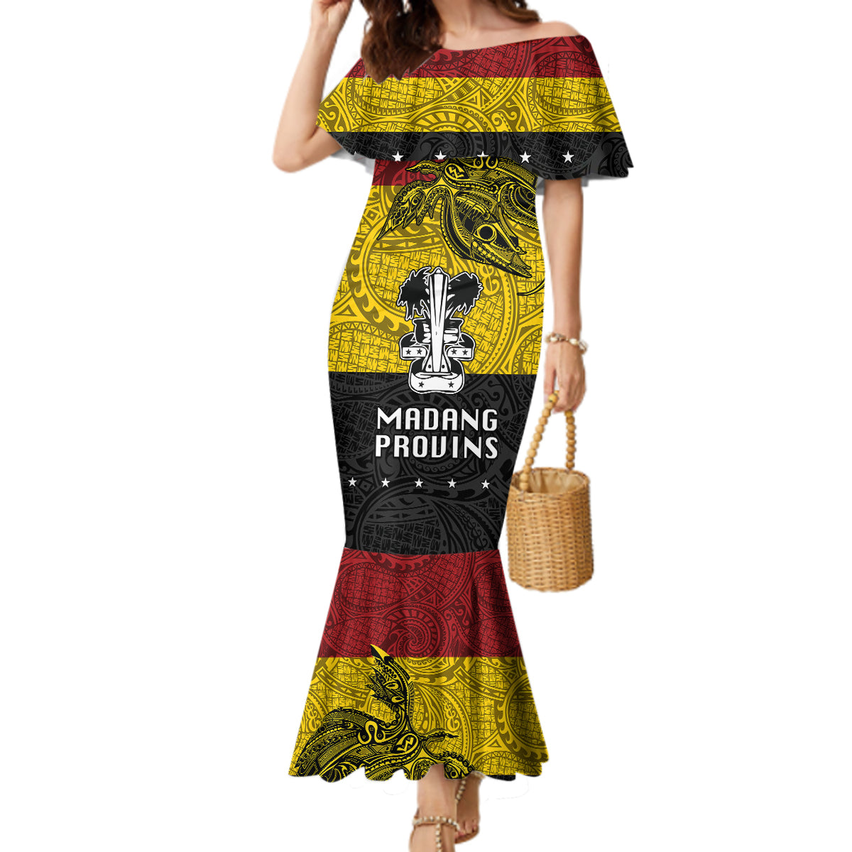 Papua New Guinea Madang Province Mermaid Dress PNG Birds Of Paradise Polynesian Arty Style LT03 Women Yellow - Polynesian Pride