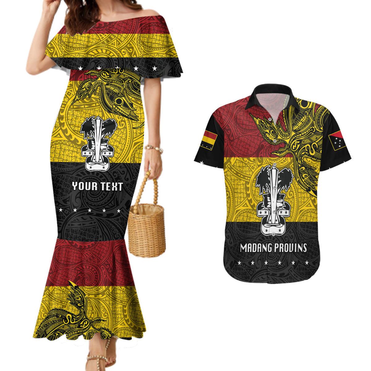 Custom Papua New Guinea Madang Province Couples Matching Mermaid Dress and Hawaiian Shirt PNG Birds Of Paradise Polynesian Arty Style LT03 Yellow - Polynesian Pride