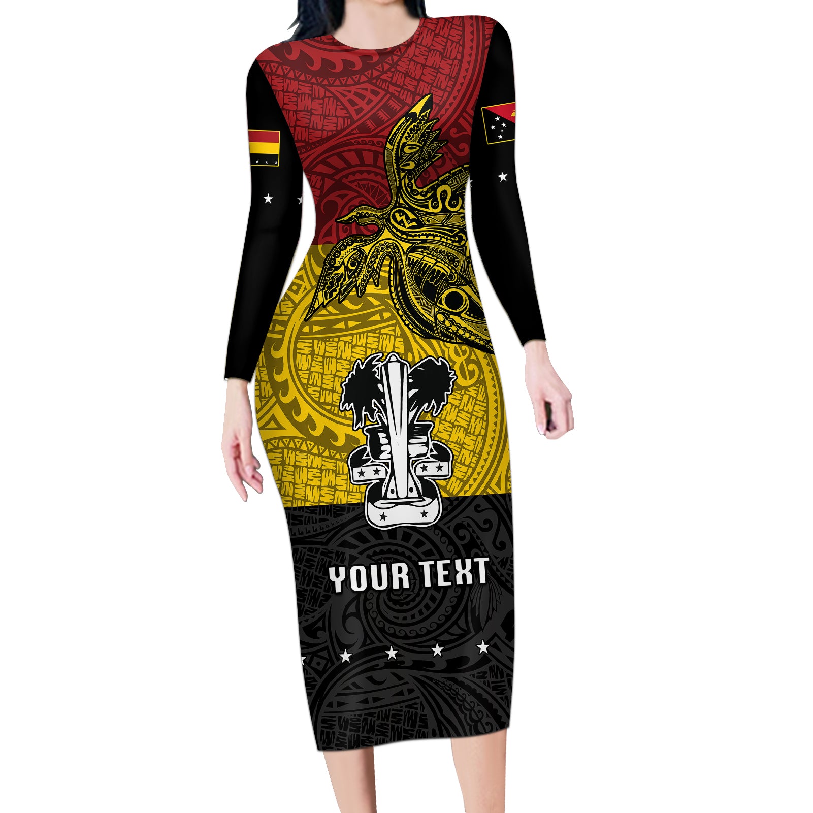 Custom Papua New Guinea Madang Province Long Sleeve Bodycon Dress PNG Birds Of Paradise Polynesian Arty Style LT03 Long Dress Yellow - Polynesian Pride