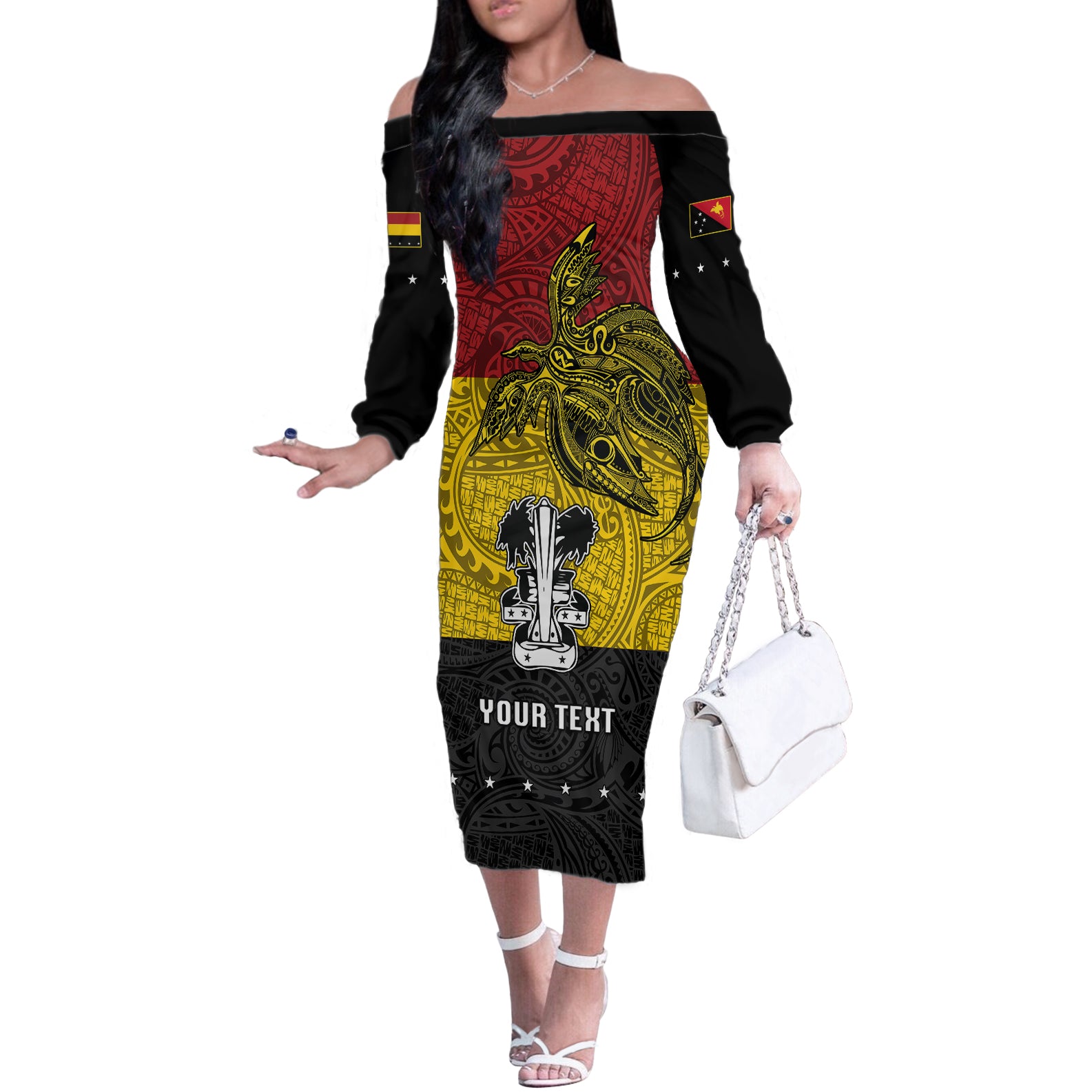 Custom Papua New Guinea Madang Province Off The Shoulder Long Sleeve Dress PNG Birds Of Paradise Polynesian Arty Style LT03 Women Yellow - Polynesian Pride