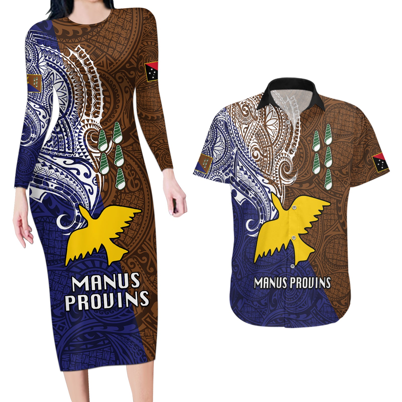 Papua New Guinea Manus Province Couples Matching Long Sleeve Bodycon Dress and Hawaiian Shirt PNG Birds Of Paradise Polynesian Arty Style LT03 Brown - Polynesian Pride