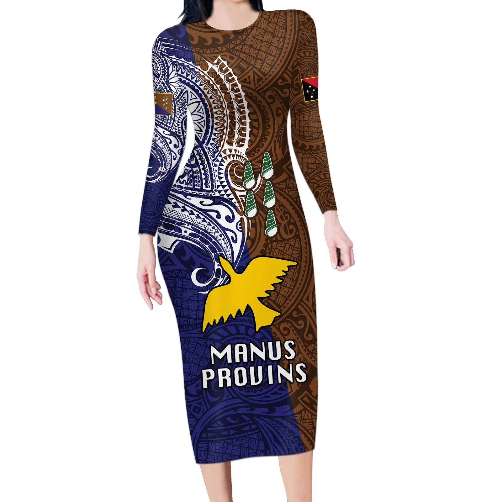 Papua New Guinea Manus Province Long Sleeve Bodycon Dress PNG Birds Of Paradise Polynesian Arty Style LT03 Long Dress Brown - Polynesian Pride