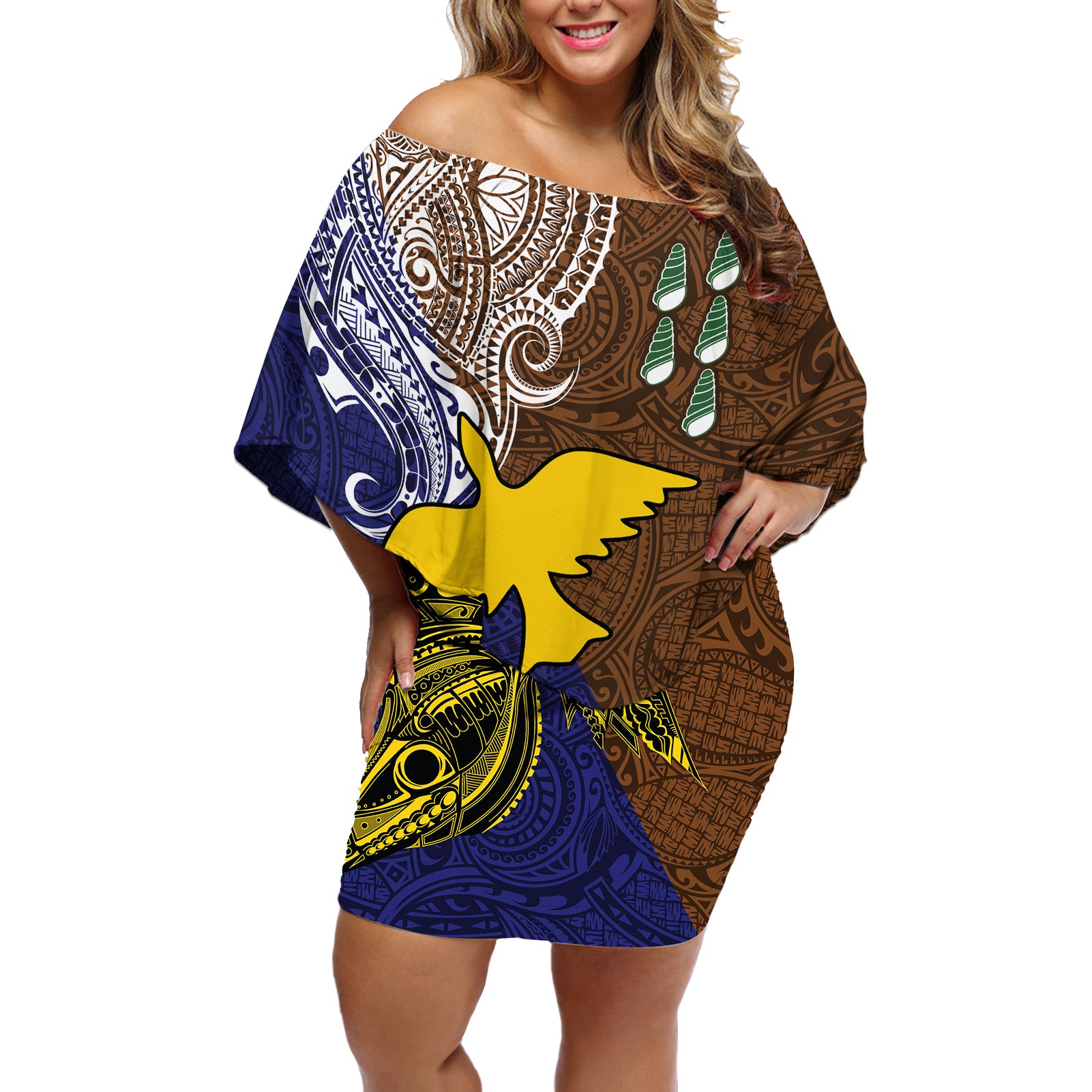 Papua New Guinea Manus Province Off Shoulder Short Dress PNG Birds Of Paradise Polynesian Arty Style LT03 Women Brown - Polynesian Pride