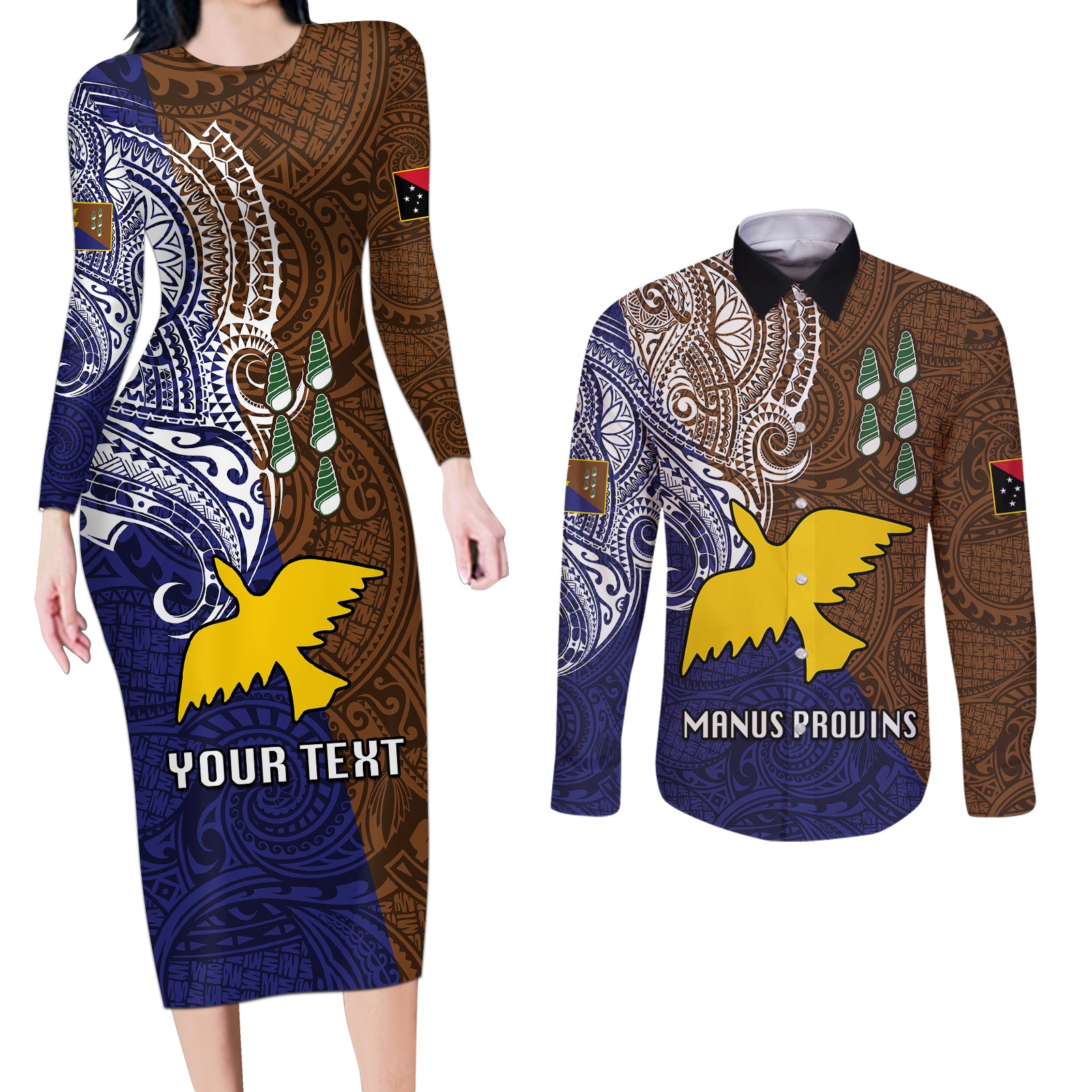 Custom Papua New Guinea Manus Province Couples Matching Long Sleeve Bodycon Dress and Long Sleeve Button Shirts PNG Birds Of Paradise Polynesian Arty Style LT03 Brown - Polynesian Pride