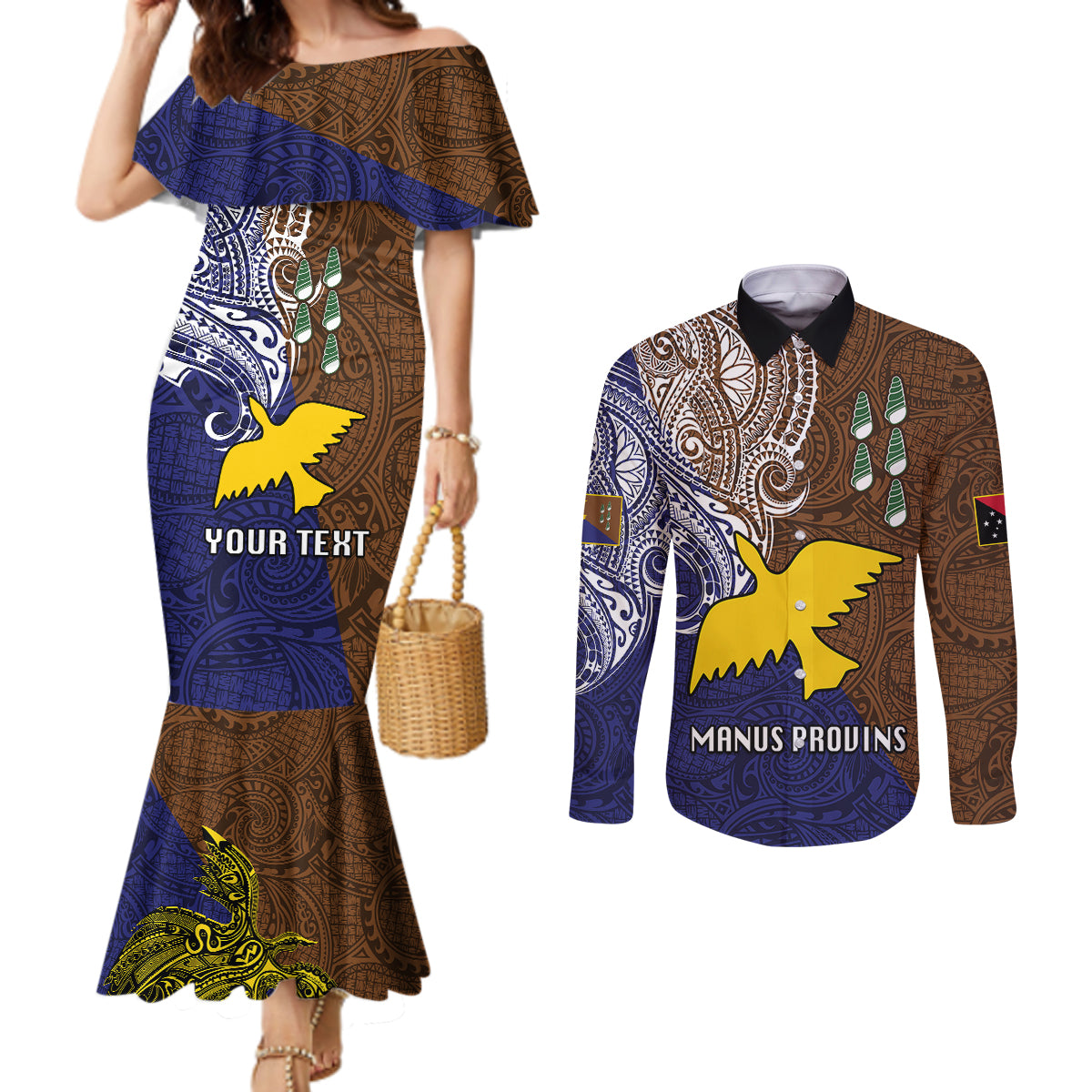 Custom Papua New Guinea Manus Province Couples Matching Mermaid Dress and Long Sleeve Button Shirts PNG Birds Of Paradise Polynesian Arty Style LT03 Brown - Polynesian Pride