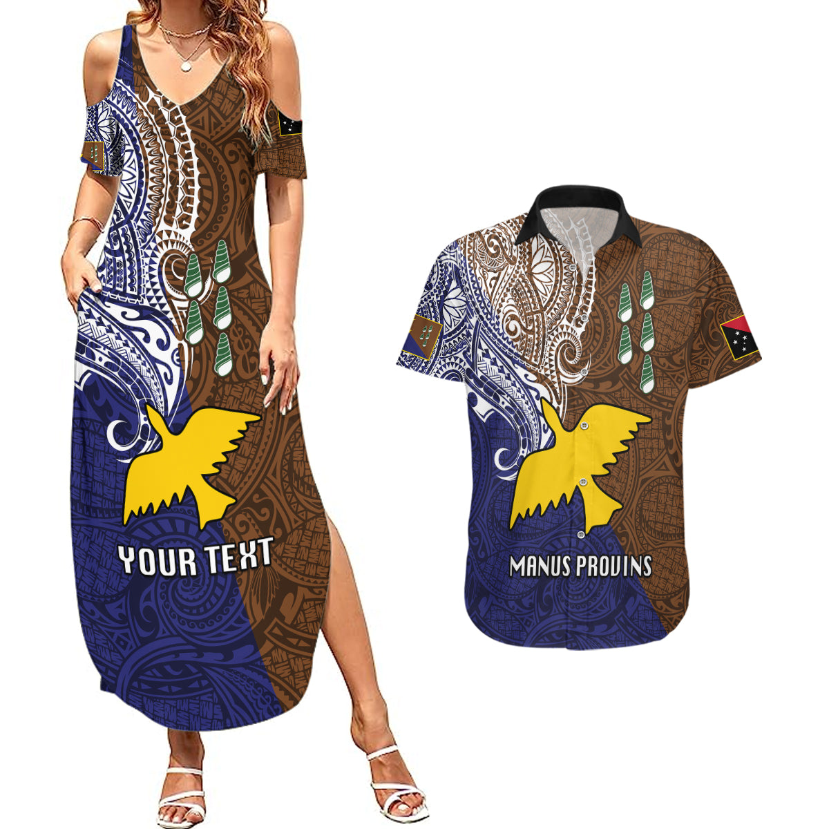 Custom Papua New Guinea Manus Province Couples Matching Summer Maxi Dress and Hawaiian Shirt PNG Birds Of Paradise Polynesian Arty Style LT03 Brown - Polynesian Pride