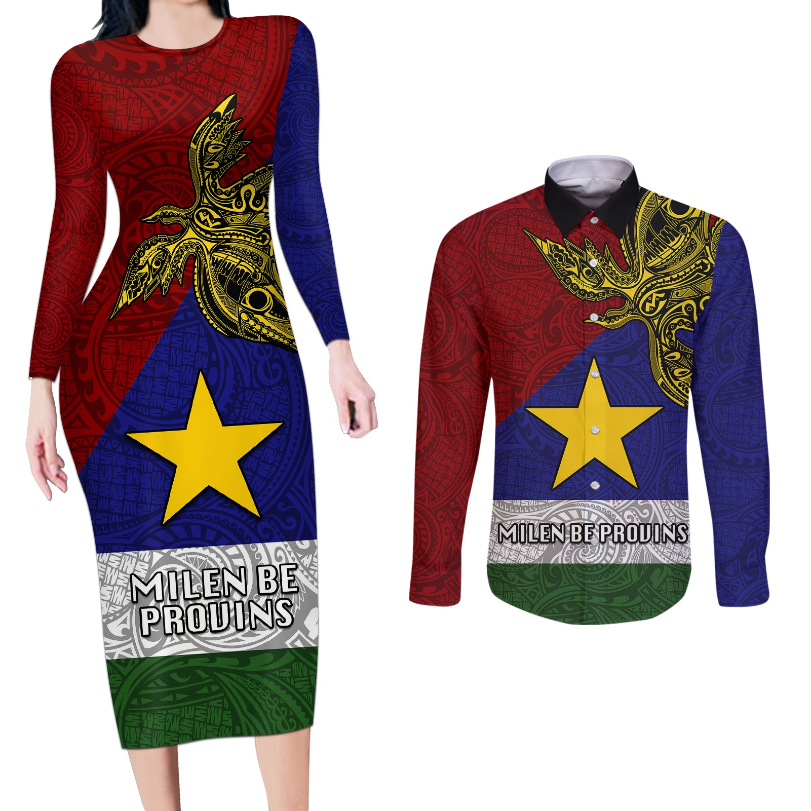 Papua New Guinea Milne Bay Province Couples Matching Long Sleeve Bodycon Dress and Long Sleeve Button Shirts PNG Birds Of Paradise Polynesian Arty Style LT03 Blue - Polynesian Pride