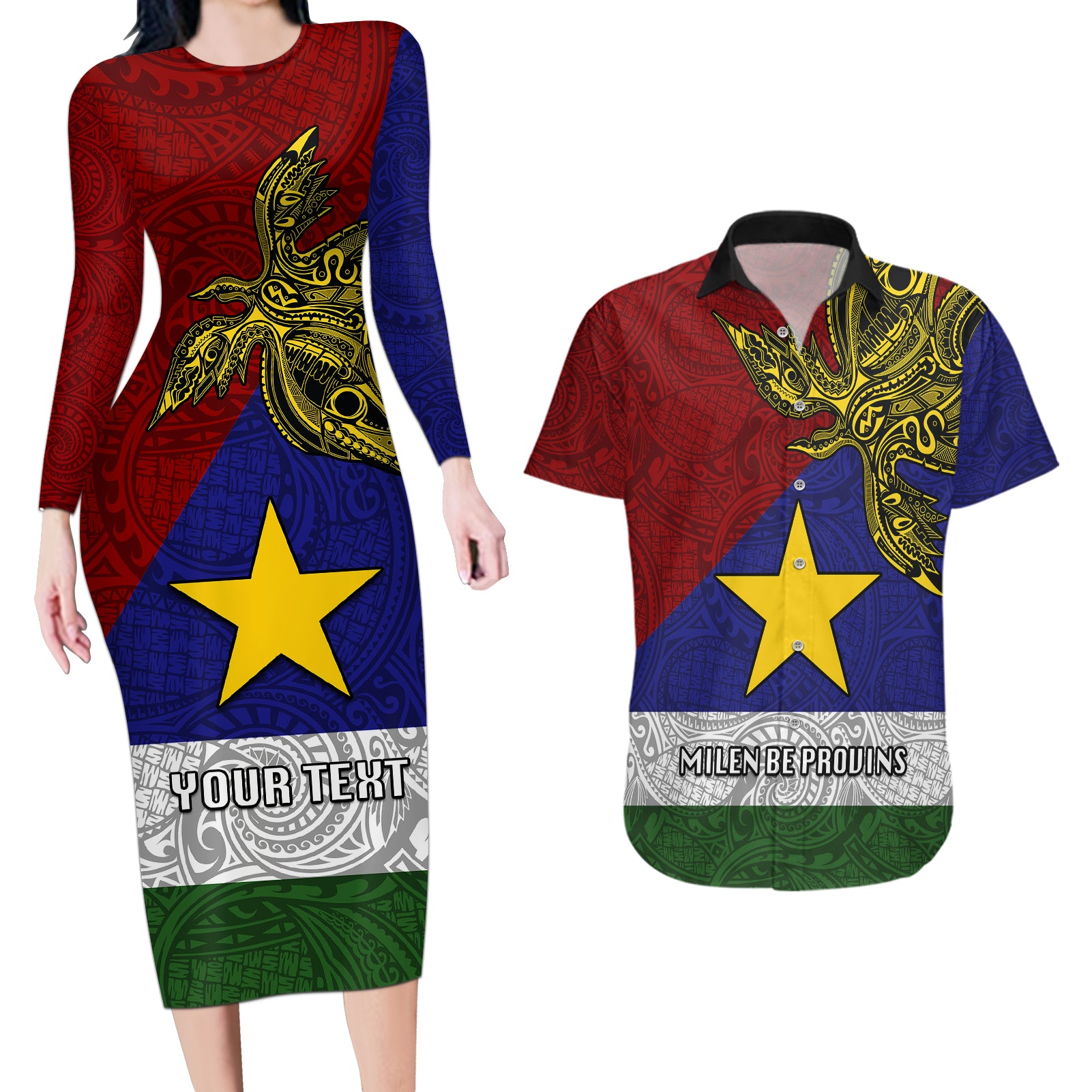 Custom Papua New Guinea Milne Bay Province Couples Matching Long Sleeve Bodycon Dress and Hawaiian Shirt PNG Birds Of Paradise Polynesian Arty Style LT03 Blue - Polynesian Pride