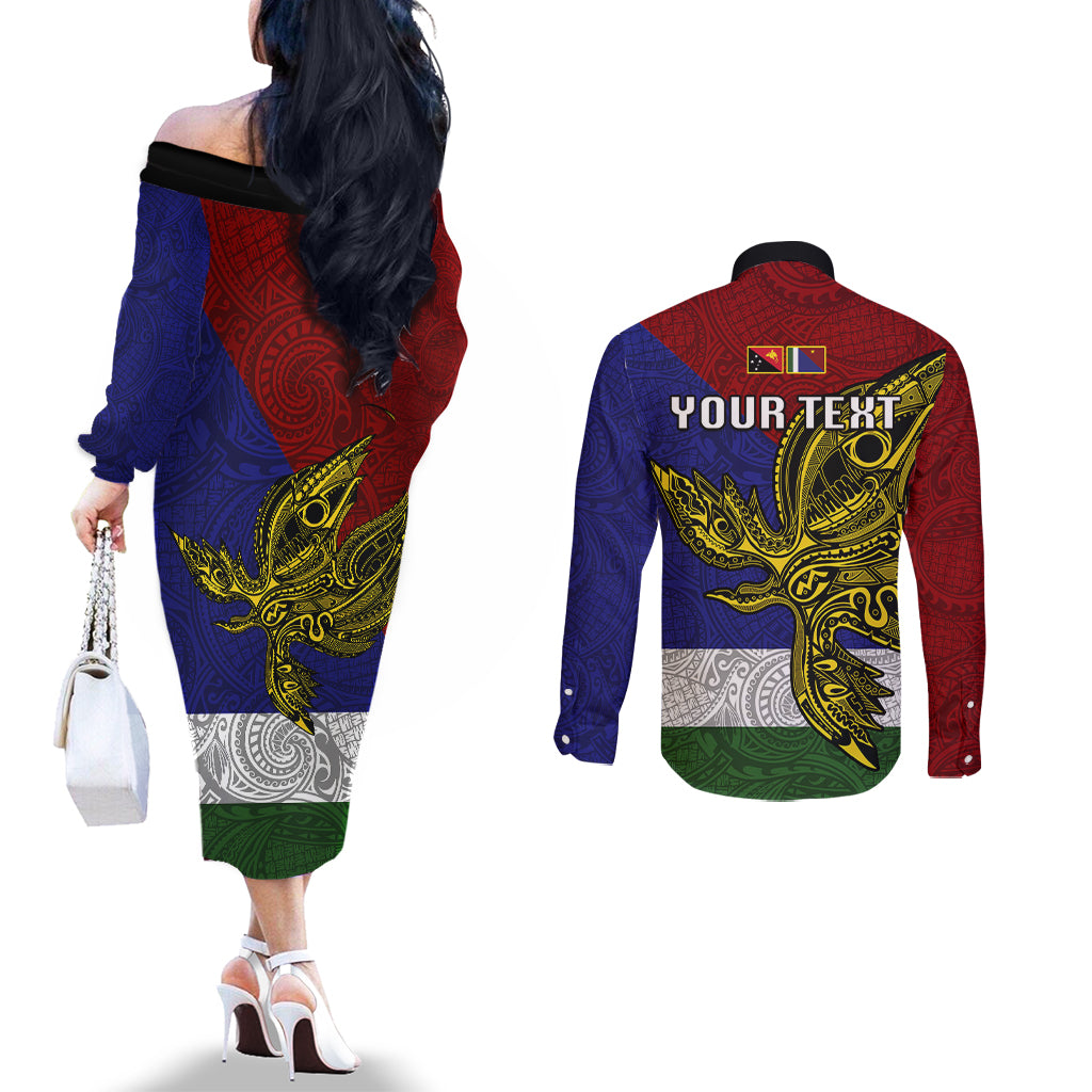 Custom Papua New Guinea Milne Bay Province Couples Matching Off The Shoulder Long Sleeve Dress and Long Sleeve Button Shirts PNG Birds Of Paradise Polynesian Arty Style LT03 - Polynesian Pride
