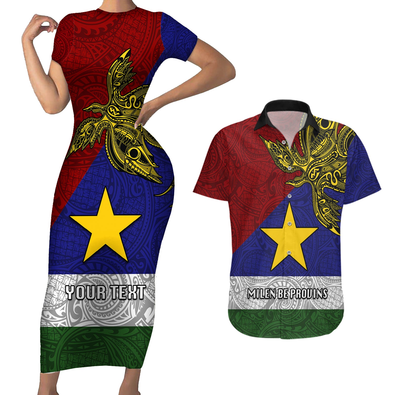 Custom Papua New Guinea Milne Bay Province Couples Matching Short Sleeve Bodycon Dress and Hawaiian Shirt PNG Birds Of Paradise Polynesian Arty Style LT03 Blue - Polynesian Pride