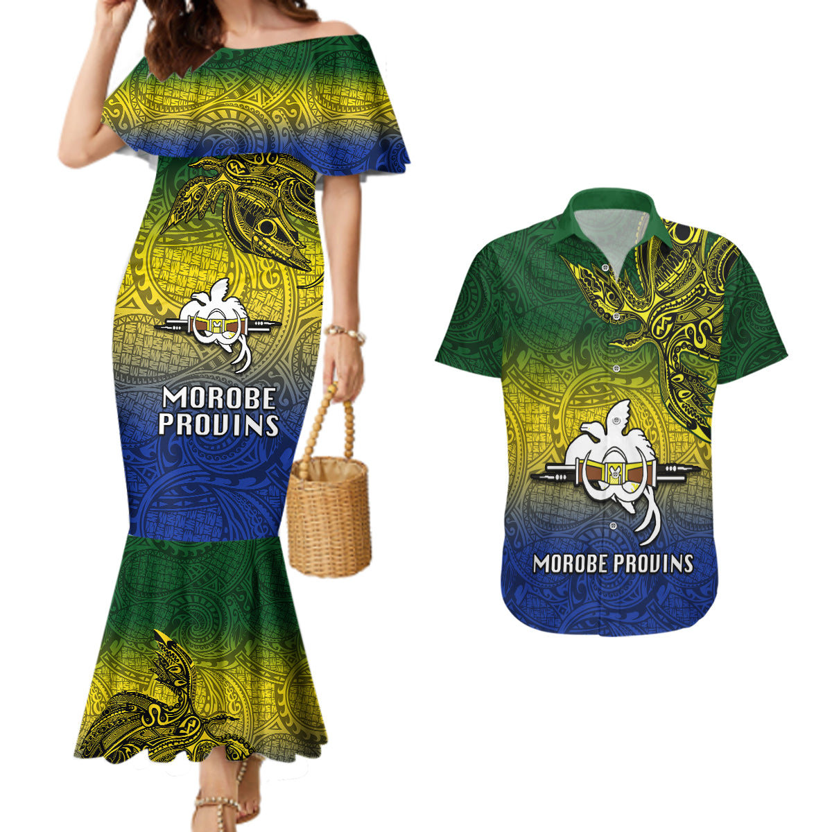 Papua New Guinea Morobe Province Couples Matching Mermaid Dress and Hawaiian Shirt PNG Birds Of Paradise Polynesian Arty Style LT03 Yellow - Polynesian Pride