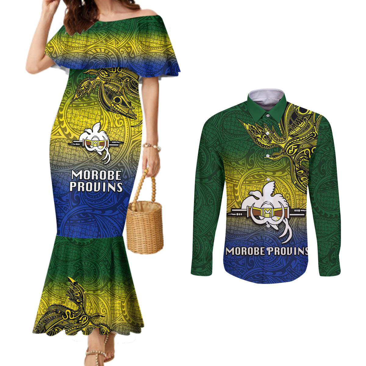 Papua New Guinea Morobe Province Couples Matching Mermaid Dress and Long Sleeve Button Shirts PNG Birds Of Paradise Polynesian Arty Style LT03 Yellow - Polynesian Pride