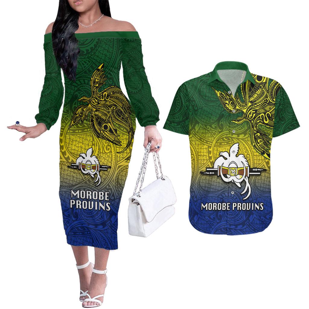 Papua New Guinea Morobe Province Couples Matching Off The Shoulder Long Sleeve Dress and Hawaiian Shirt PNG Birds Of Paradise Polynesian Arty Style LT03 Yellow - Polynesian Pride