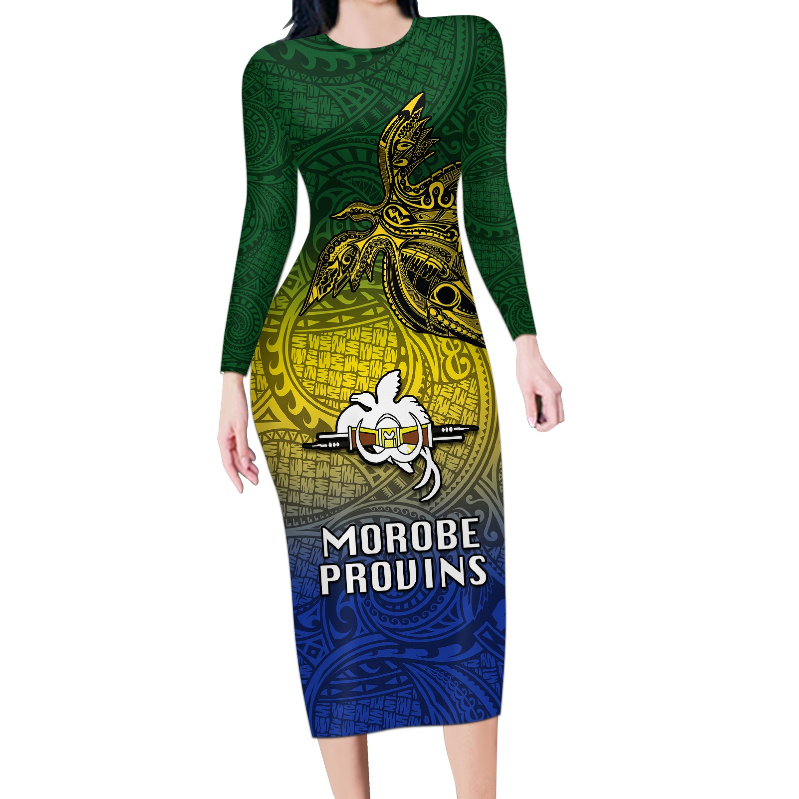 Papua New Guinea Morobe Province Long Sleeve Bodycon Dress PNG Birds Of Paradise Polynesian Arty Style LT03 Long Dress Yellow - Polynesian Pride