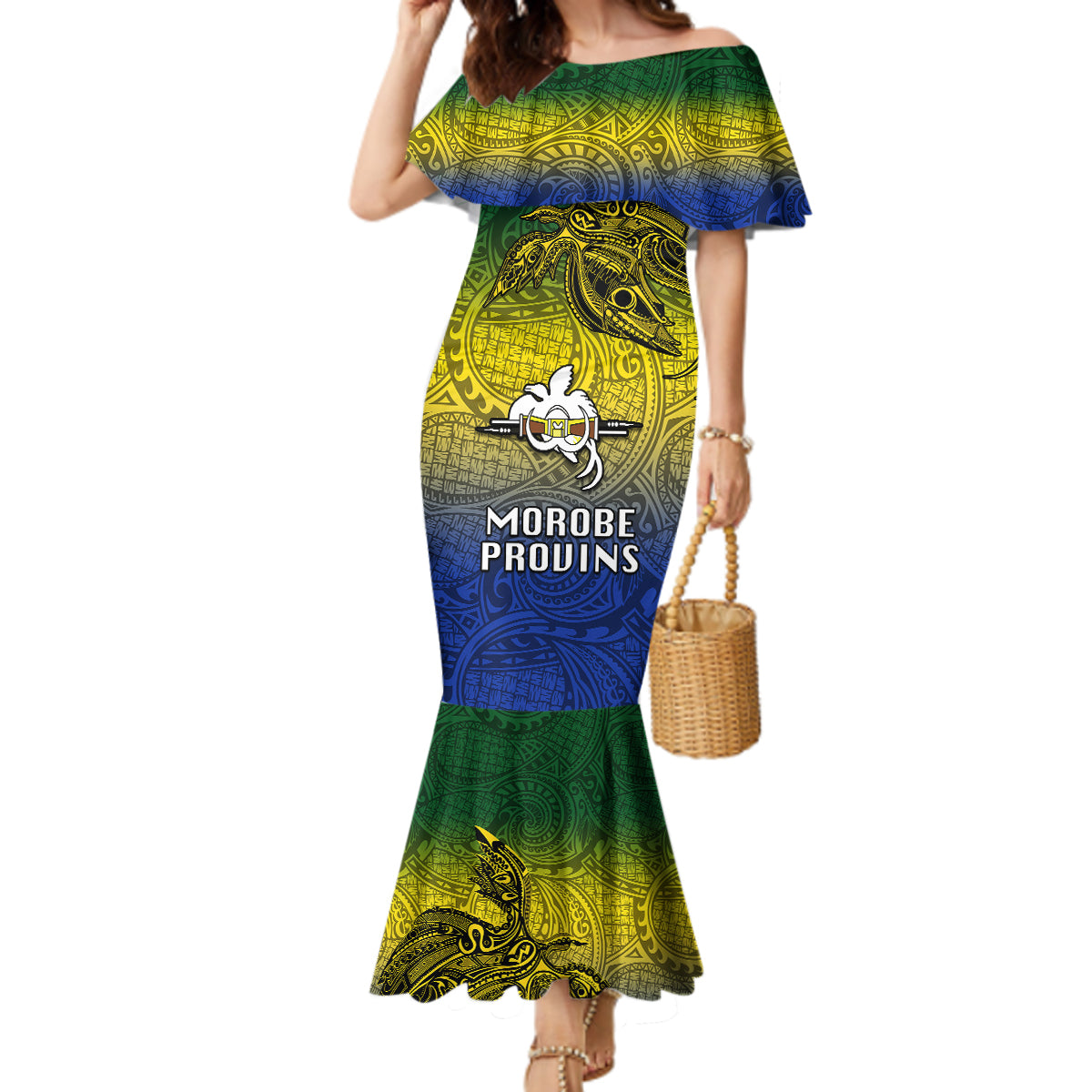 Papua New Guinea Morobe Province Mermaid Dress PNG Birds Of Paradise Polynesian Arty Style LT03 Women Yellow - Polynesian Pride