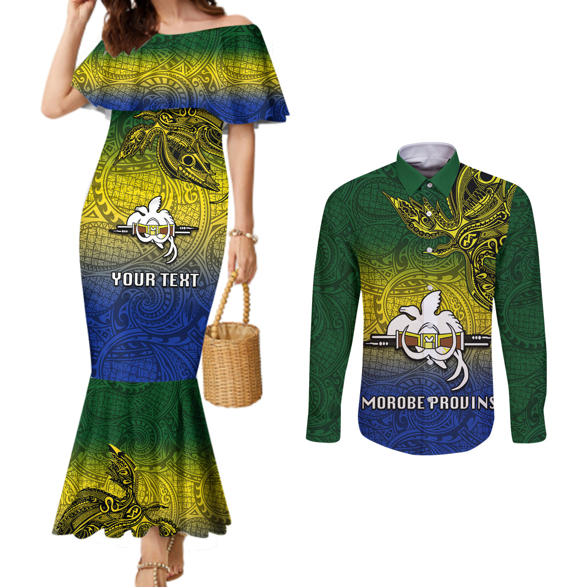 Custom Papua New Guinea Morobe Province Couples Matching Mermaid Dress and Long Sleeve Button Shirts PNG Birds Of Paradise Polynesian Arty Style LT03 Yellow - Polynesian Pride