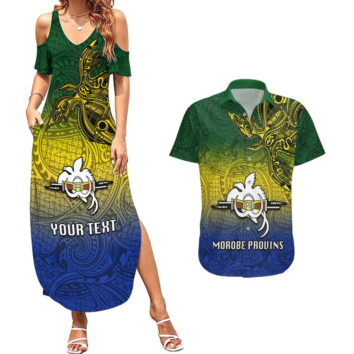 Custom Papua New Guinea Morobe Province Couples Matching Summer Maxi Dress and Hawaiian Shirt PNG Birds Of Paradise Polynesian Arty Style LT03 Yellow - Polynesian Pride