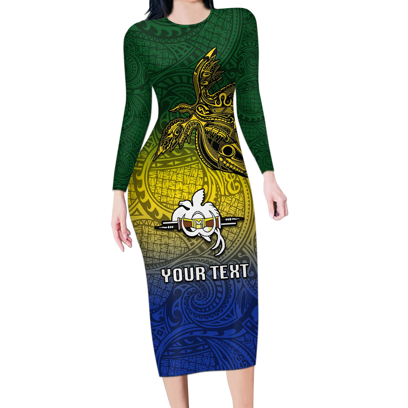 Custom Papua New Guinea Morobe Province Long Sleeve Bodycon Dress PNG Birds Of Paradise Polynesian Arty Style LT03 Long Dress Yellow - Polynesian Pride