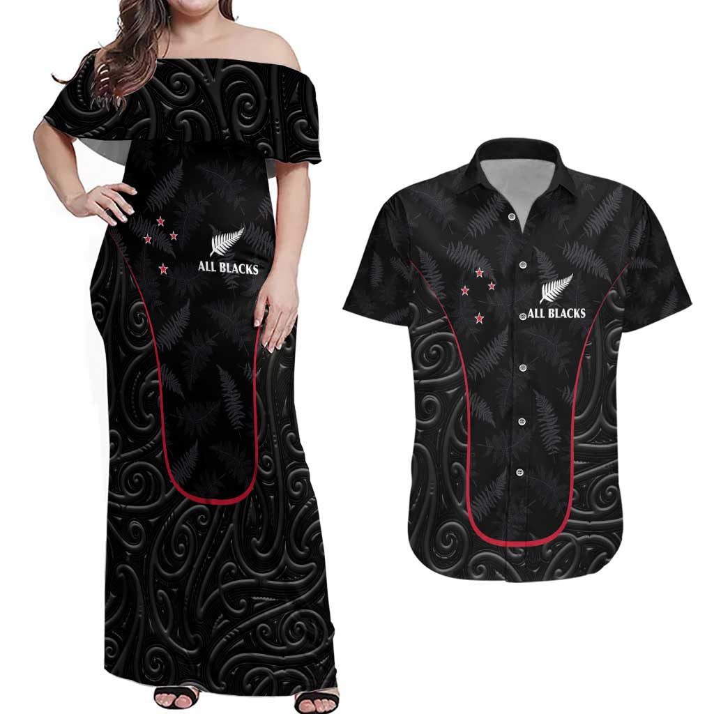 Custom New Zealand Rugby Couples Matching Off Shoulder Maxi Dress and Hawaiian Shirt Maori All Black Championship 2024 and Silver Fern