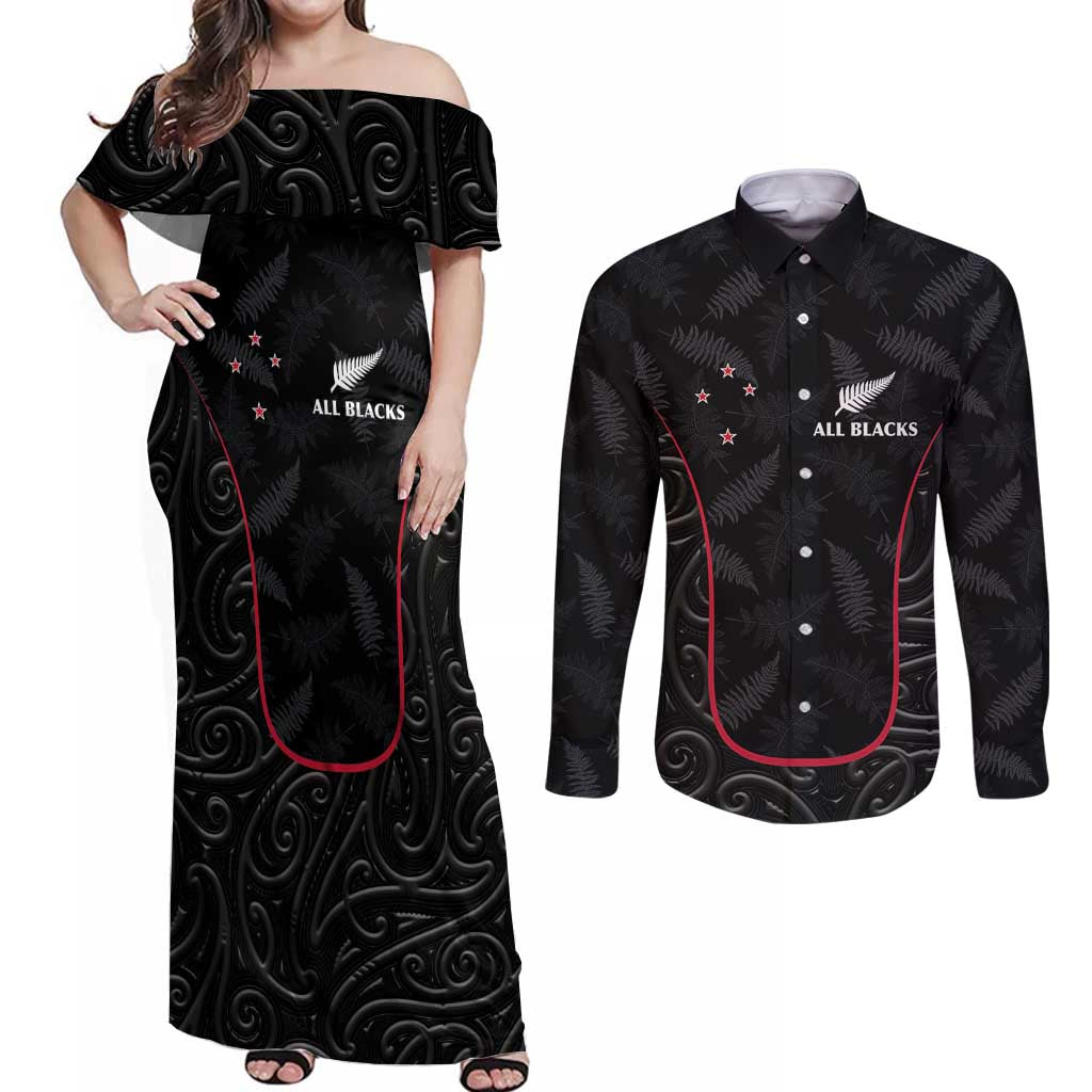 Custom New Zealand Rugby Couples Matching Off Shoulder Maxi Dress and Long Sleeve Button Shirt Maori All Black Championship 2024 and Silver Fern