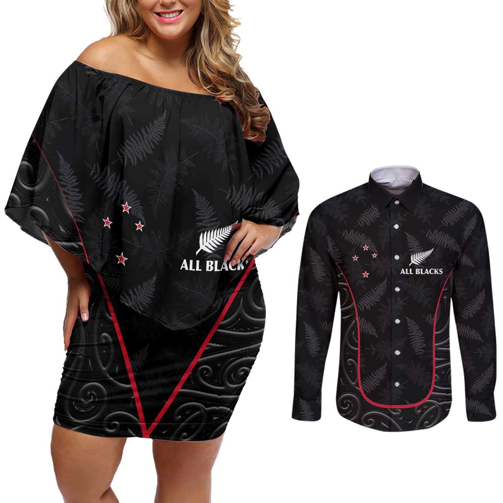 Custom New Zealand Rugby Couples Matching Off Shoulder Short Dress and Long Sleeve Button Shirt Maori All Black Championship 2024 and Silver Fern