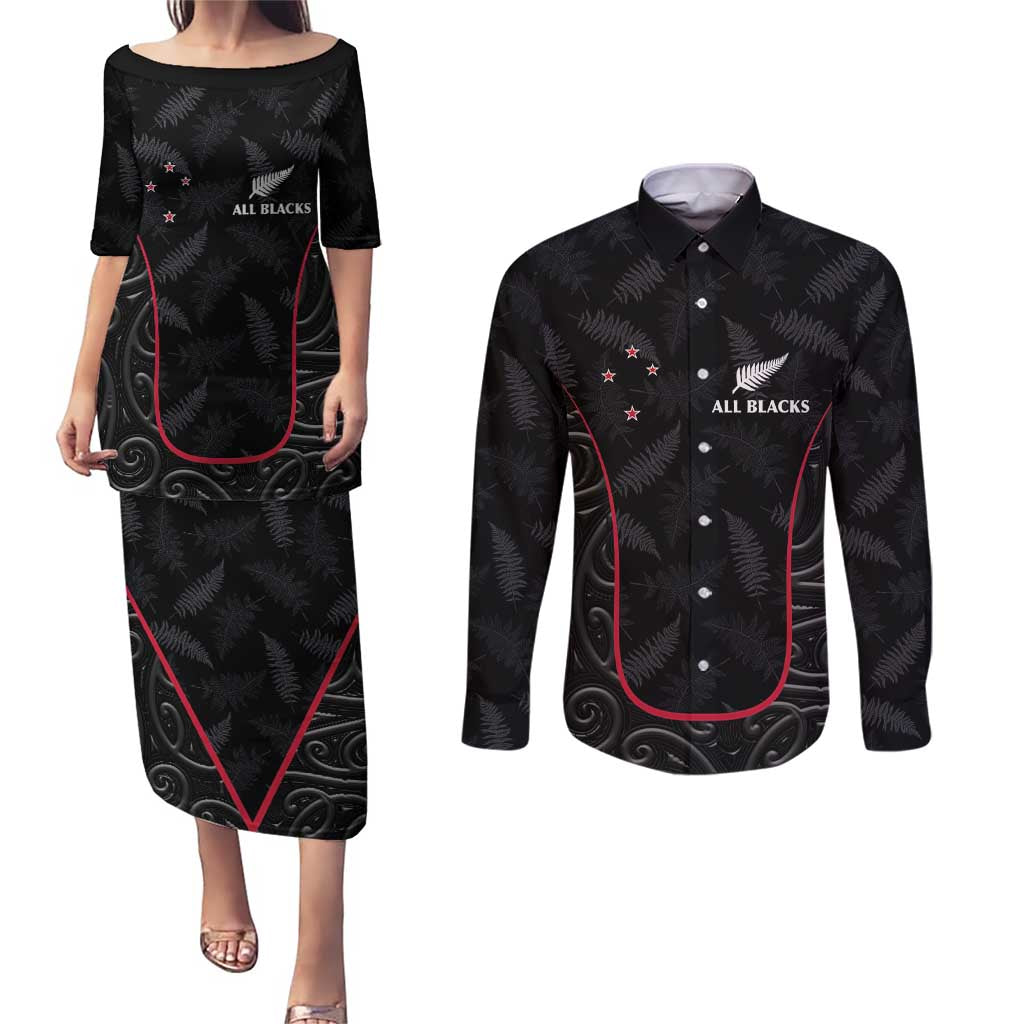 Custom New Zealand Rugby Couples Matching Puletasi and Long Sleeve Button Shirt Maori All Black Championship 2024 and Silver Fern