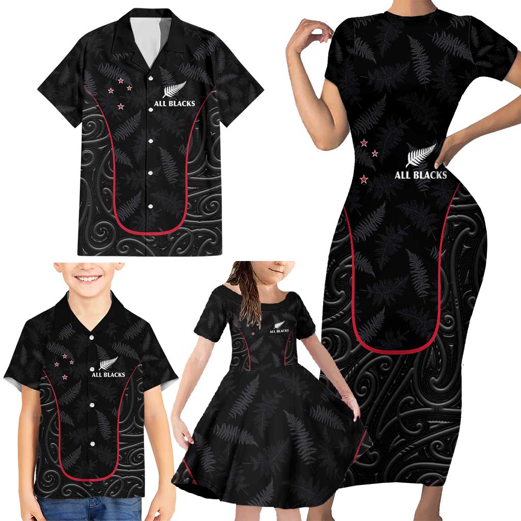 Custom New Zealand Rugby Family Matching Short Sleeve Bodycon Dress and Hawaiian Shirt Maori All Black Championship 2024 and Silver Fern