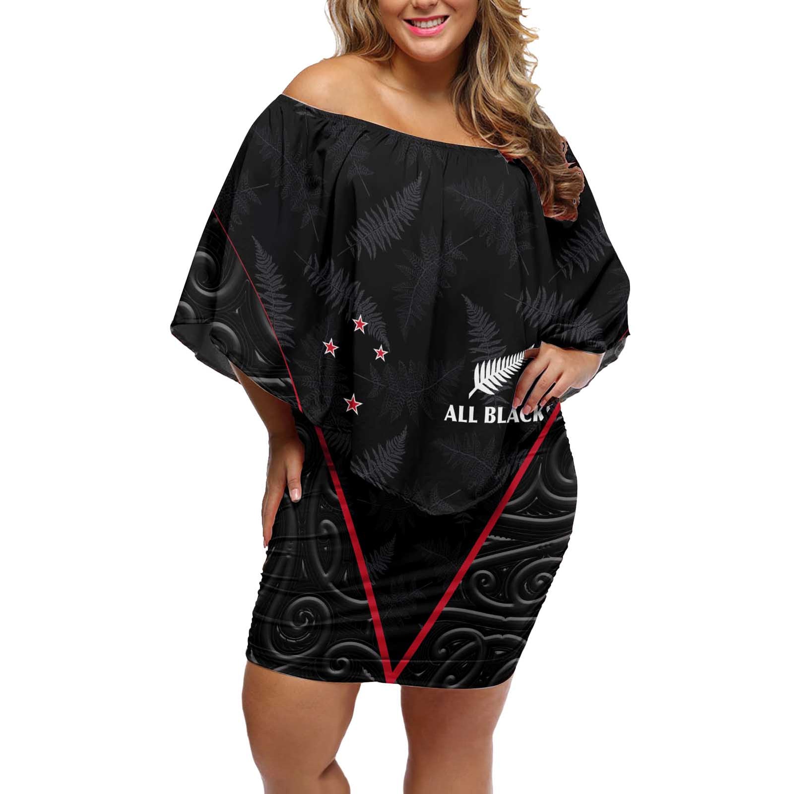 Custom New Zealand Rugby Off Shoulder Short Dress Maori All Black Championship 2024 and Silver Fern LT03 Women Black - Polynesian Pride