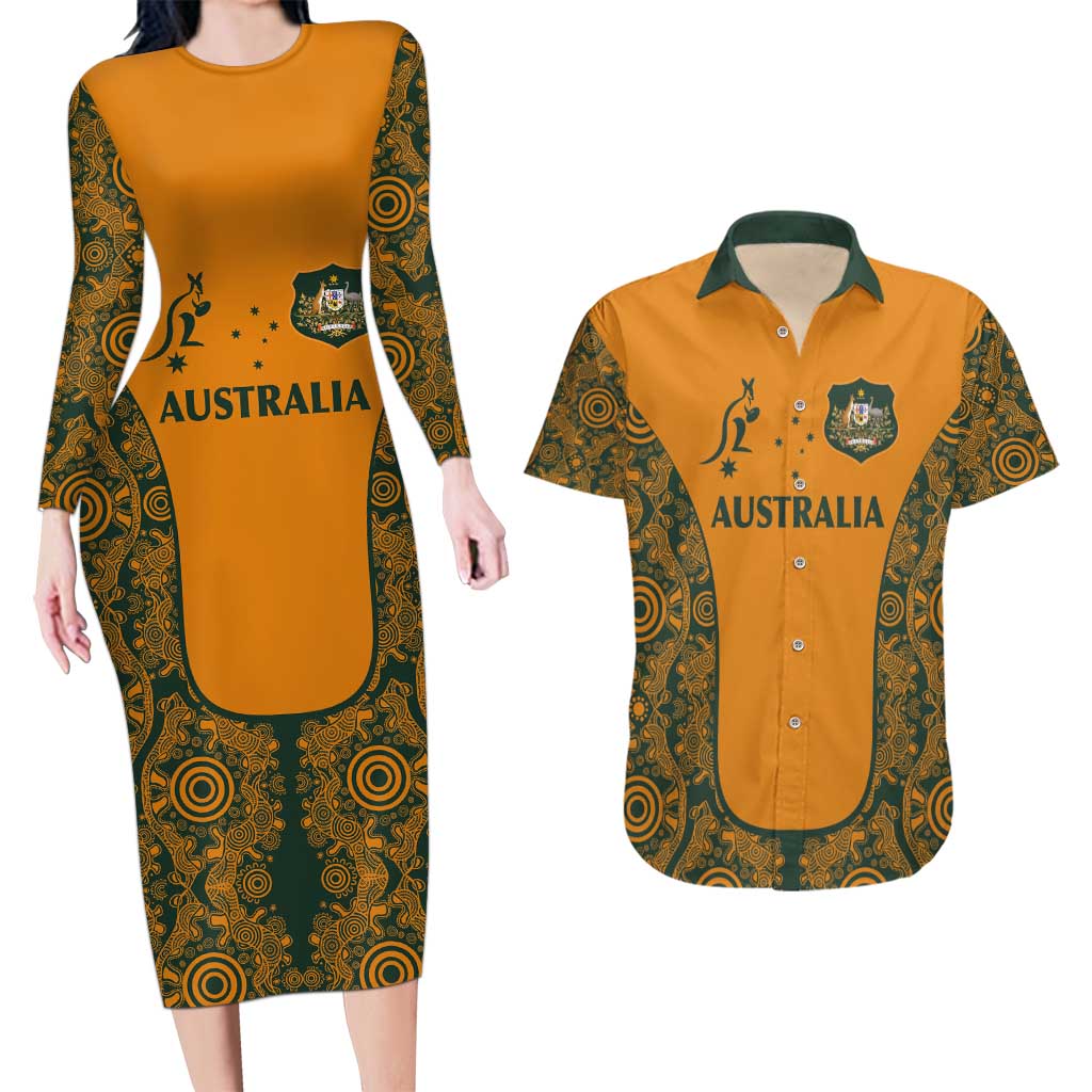 Custom Australia Rugby Championship 2024 Couples Matching Long Sleeve Bodycon Dress and Hawaiian Shirt Aboriginal Art Tattoo Pattern LT03 Yellow - Polynesian Pride