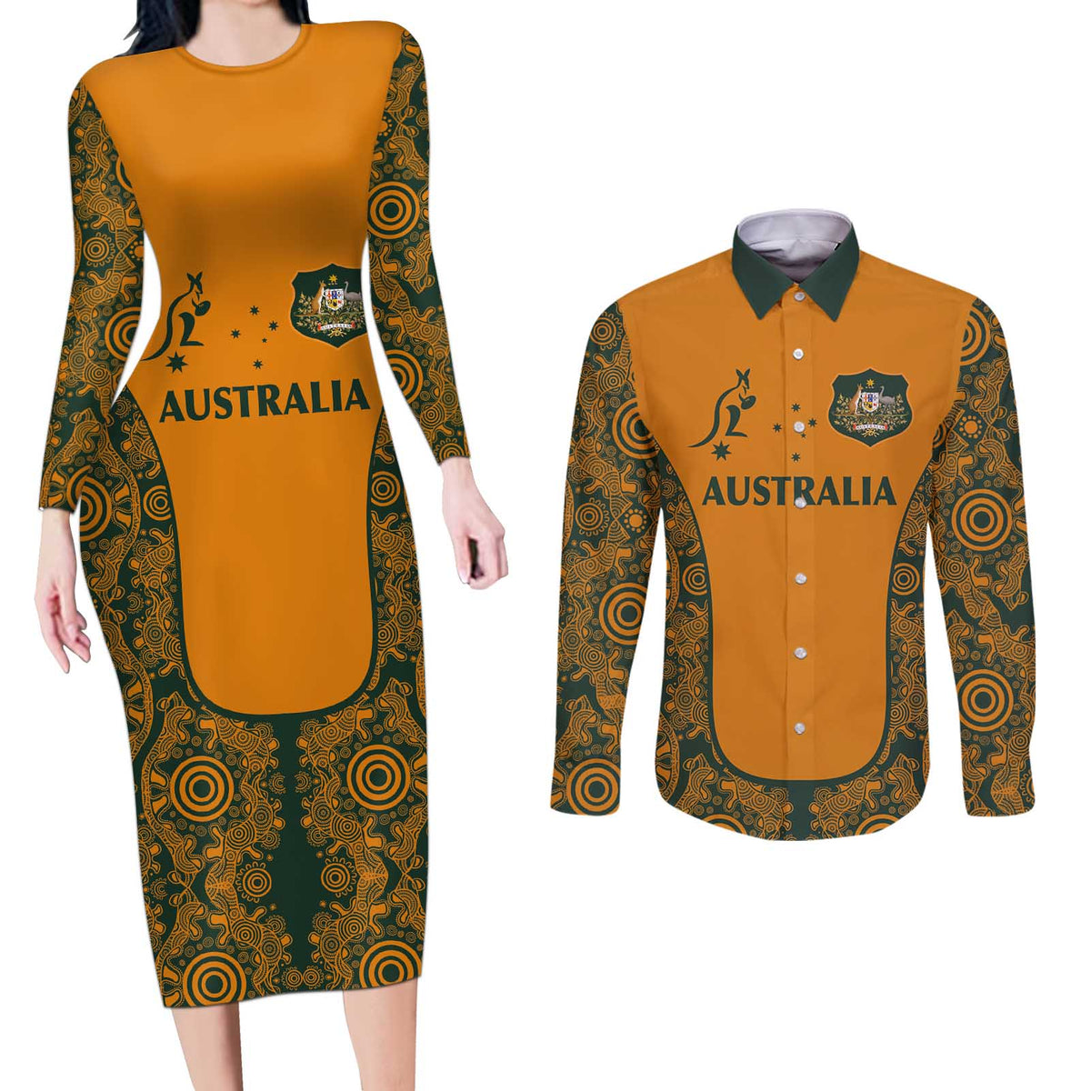 Custom Australia Rugby Championship 2024 Couples Matching Long Sleeve Bodycon Dress and Long Sleeve Button Shirt Aboriginal Art Tattoo Pattern LT03 Yellow - Polynesian Pride