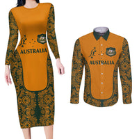 Custom Australia Rugby Championship 2024 Couples Matching Long Sleeve Bodycon Dress and Long Sleeve Button Shirt Aboriginal Art Tattoo Pattern LT03 Yellow - Polynesian Pride