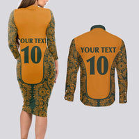 Custom Australia Rugby Championship 2024 Couples Matching Long Sleeve Bodycon Dress and Long Sleeve Button Shirt Aboriginal Art Tattoo Pattern LT03 - Polynesian Pride