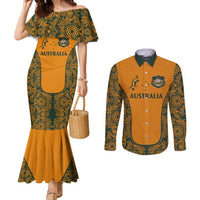 Custom Australia Rugby Championship 2024 Couples Matching Mermaid Dress and Long Sleeve Button Shirt Aboriginal Art Tattoo Pattern LT03 Yellow - Polynesian Pride