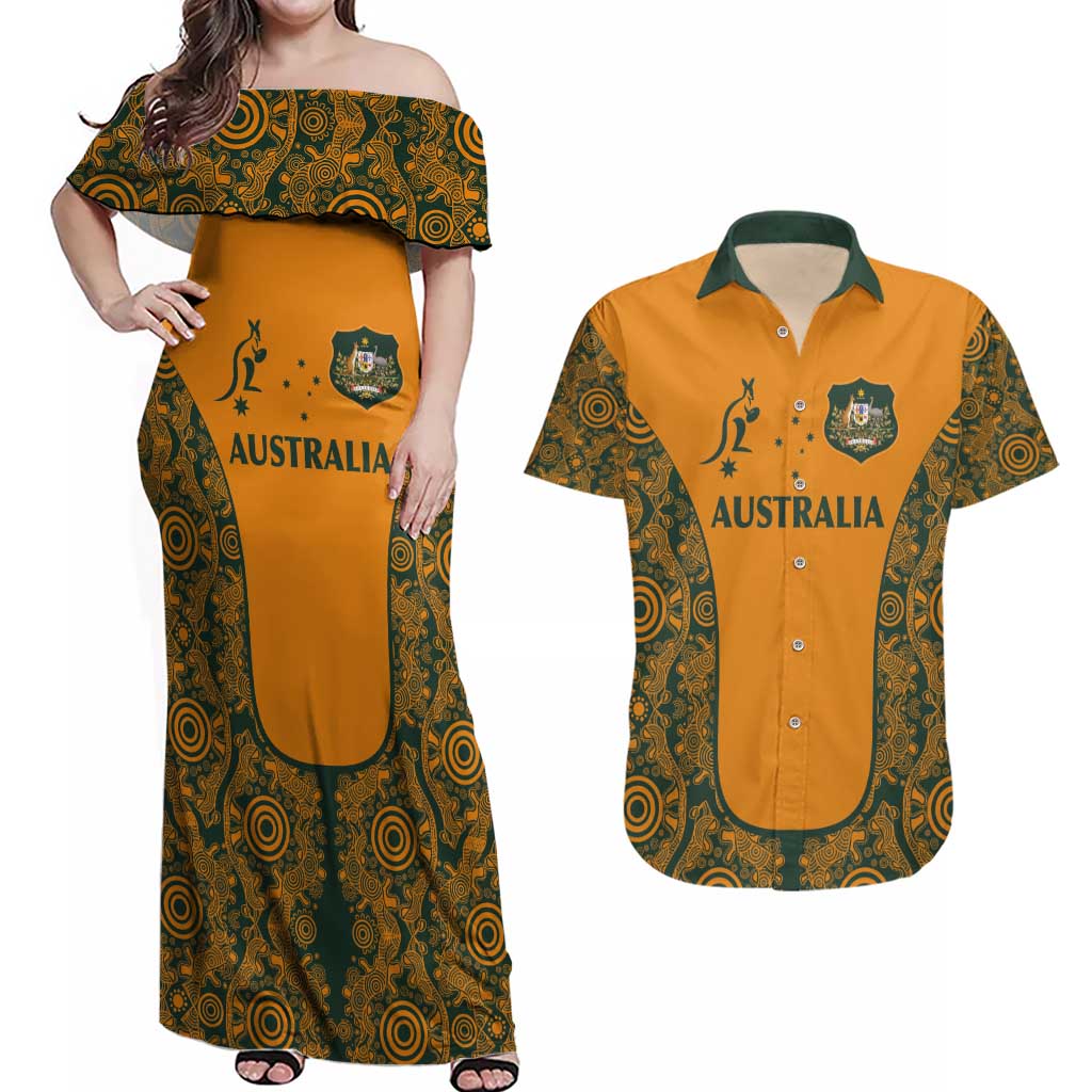 Custom Australia Rugby Championship 2024 Couples Matching Off Shoulder Maxi Dress and Hawaiian Shirt Aboriginal Art Tattoo Pattern