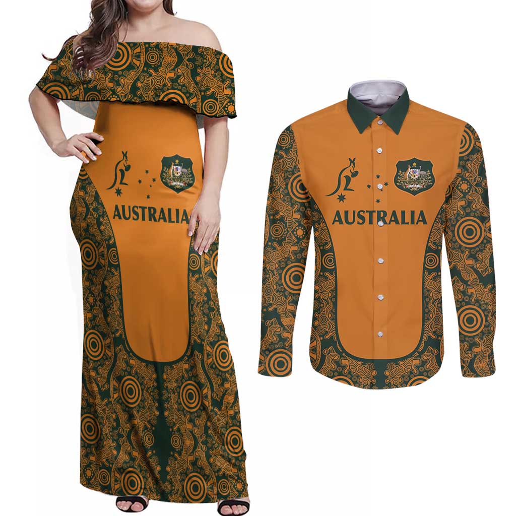 Custom Australia Rugby Championship 2024 Couples Matching Off Shoulder Maxi Dress and Long Sleeve Button Shirt Aboriginal Art Tattoo Pattern LT03 Yellow - Polynesian Pride