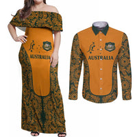 Custom Australia Rugby Championship 2024 Couples Matching Off Shoulder Maxi Dress and Long Sleeve Button Shirt Aboriginal Art Tattoo Pattern LT03 Yellow - Polynesian Pride