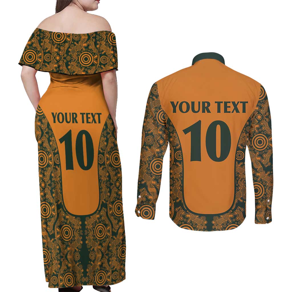 Custom Australia Rugby Championship 2024 Couples Matching Off Shoulder Maxi Dress and Long Sleeve Button Shirt Aboriginal Art Tattoo Pattern LT03 - Polynesian Pride