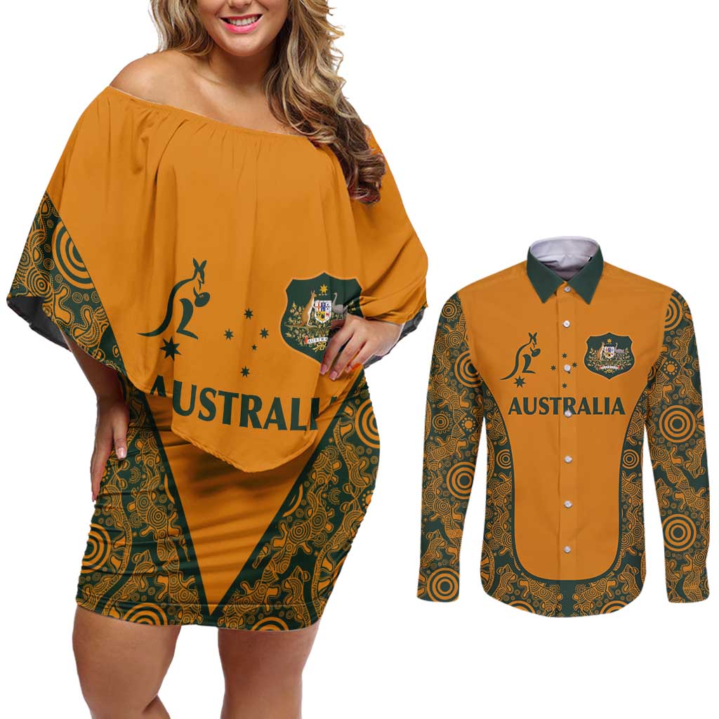 Custom Australia Rugby Championship 2024 Couples Matching Off Shoulder Short Dress and Long Sleeve Button Shirt Aboriginal Art Tattoo Pattern LT03 Yellow - Polynesian Pride